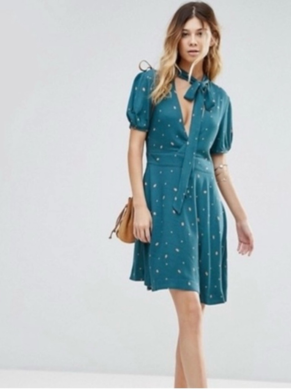 Free People Abbie Fit and Flare Teal Green Tie-Neck Short Sleeve Mini Dress